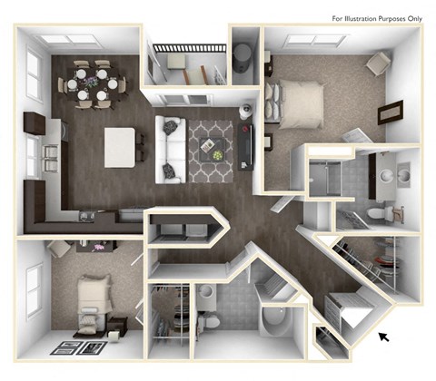 Floor plan for 2 beds, 2 baths, 1117 sqft